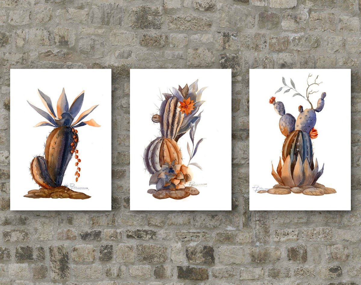 Illustrative Watercolour , Cactuses By Olga Tchefranov (Shefranov), 29 X 13, Artwork For Sale On Artfinder