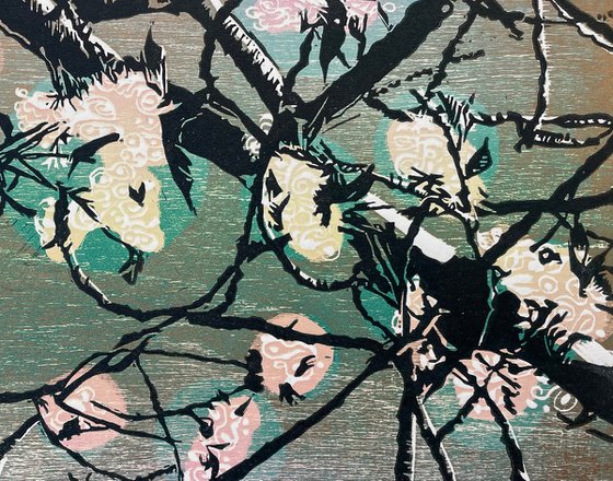 Blossoming Inclinations - Spring Blossom Contemporary Linocut Print