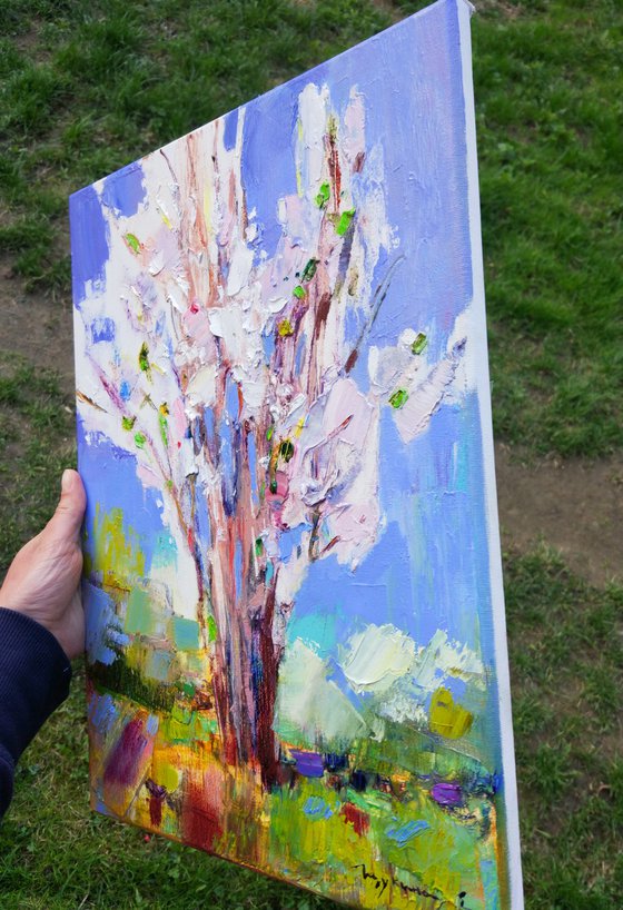 Flowering cherry tree. Original oil painting