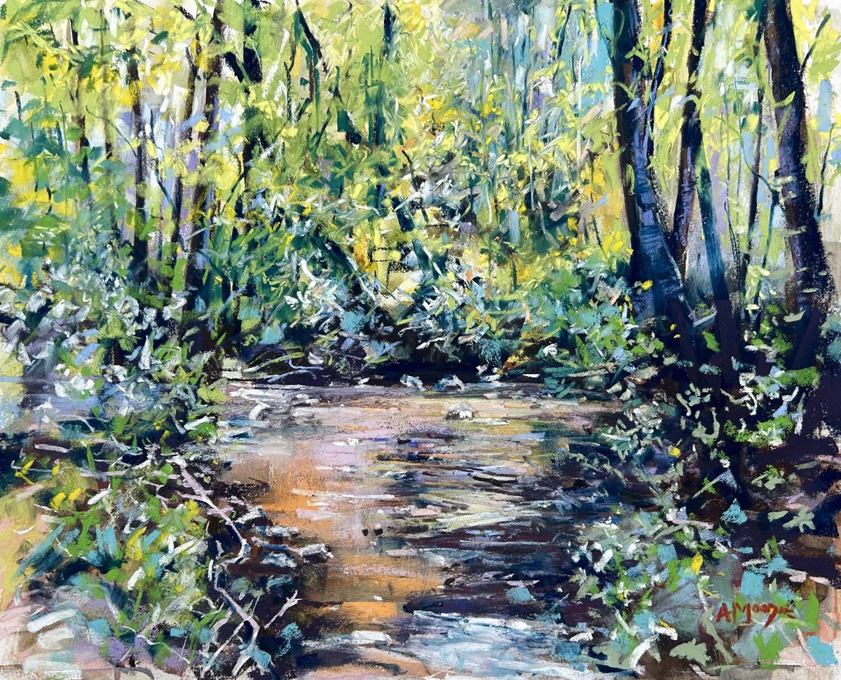 Impressionistic Landscape Drawing By Andrew Moodie, 20 X 16, Woodland Water, Original Artwork