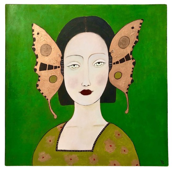 Lady with copper butterflies