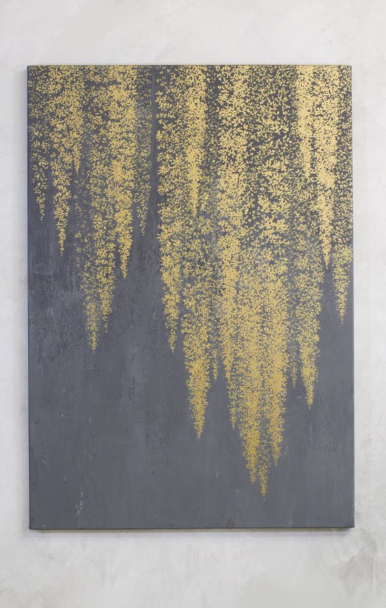 "White Wisteria 3" Gold flower abstract art