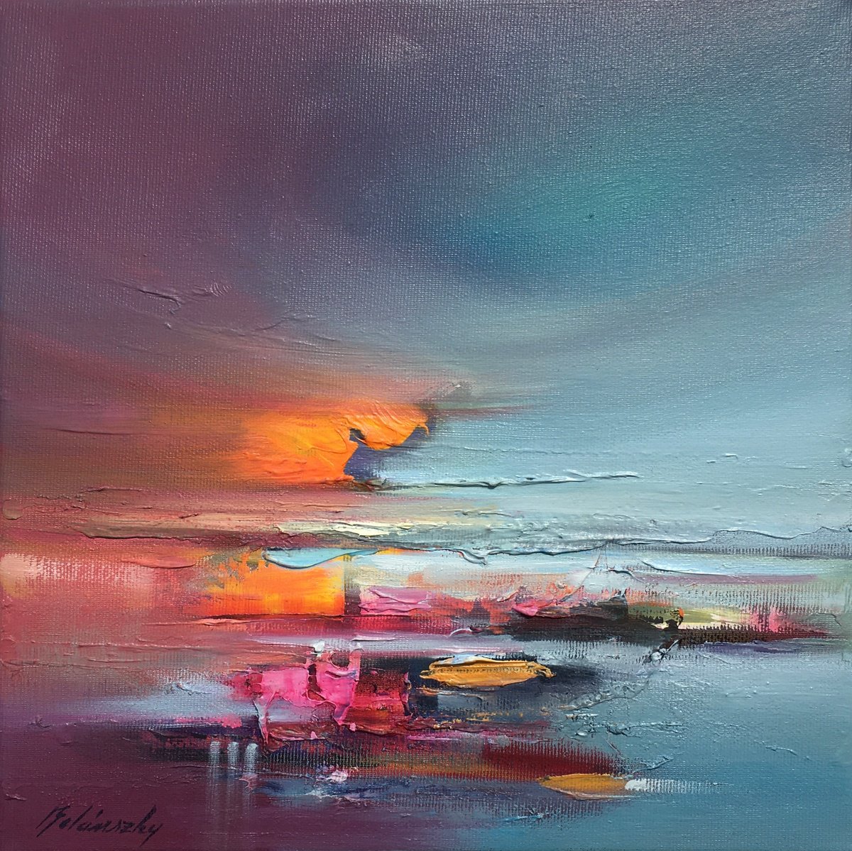 Impressionistic Landscape Oil Painting By Beata Belanszky Demko, 12 X 12, Three Little Lights, Original Artwork