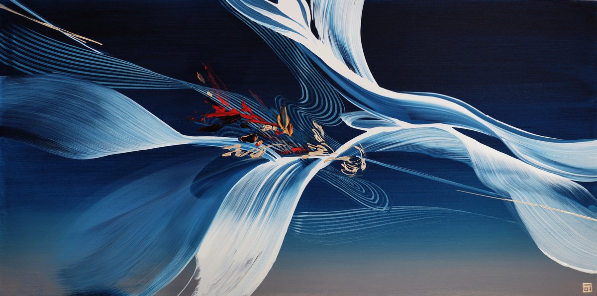 Abstract Acrylic Painting By Novi Lim, 50 X 26", Ancient Currents, Original Artwork