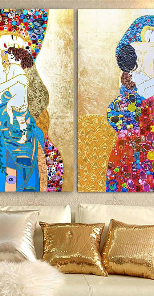 Painting Set of 2 LARGE GEMSTONES mosaic wall art Gustav Klimt Mother and Child & Family by BAST