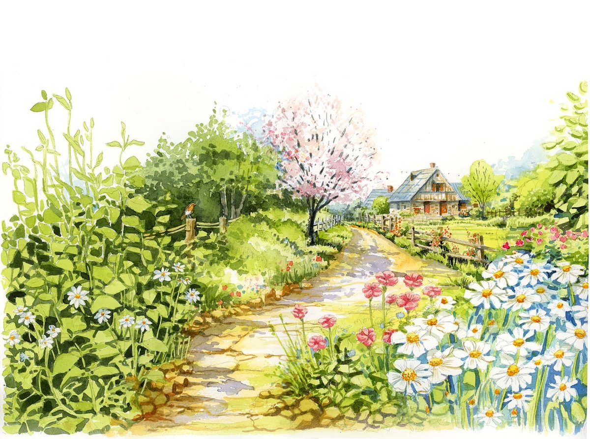 idyllic rural landscape, original watercolor by Karolina Kijak