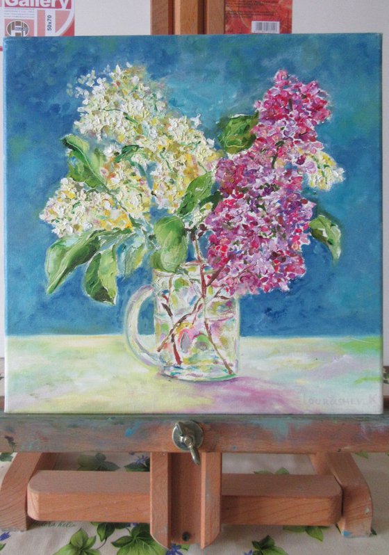 Lilac in a glass Small Modern Contemporary Oil Artwork for Mother Floral Bridal Holyday Nature Gift