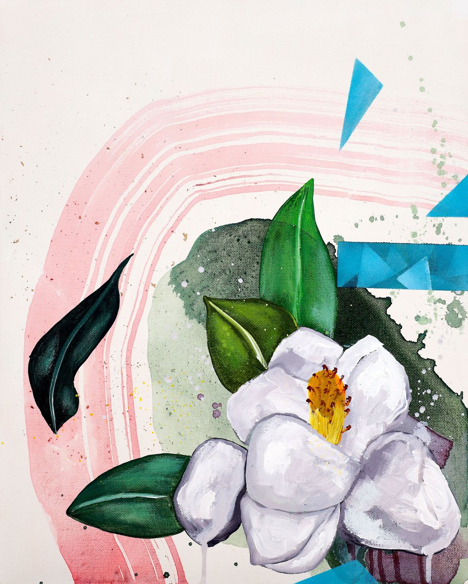 Abstract Botanical Acrylic Painting By Poovi Art, 16 X 20", Magnolia - Artemis, Original Artwork