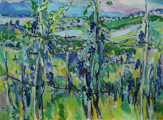 VINEYARD LANDSCAPE - original landscape art, summer plant tree garden grape , large size