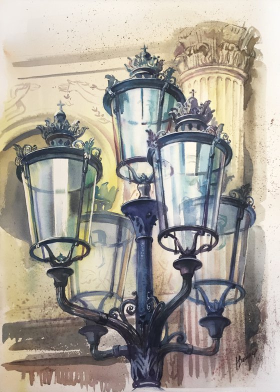 "City lantern". Original watercolor, architectural detail.