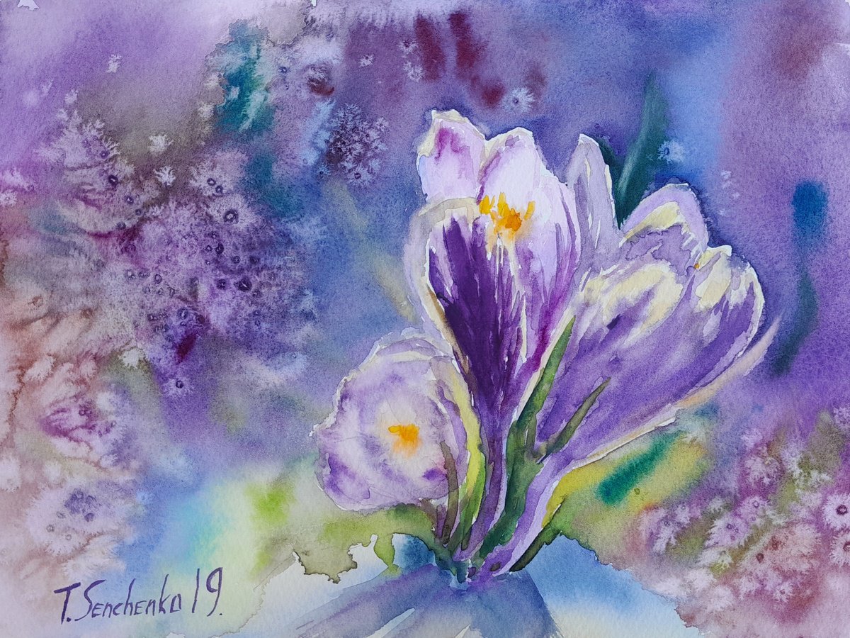 Impressionistic Watercolour , Spring Flowers, Crocuses By Tanya Sun, 12 X 9, Artwork For Sale On Artfinder