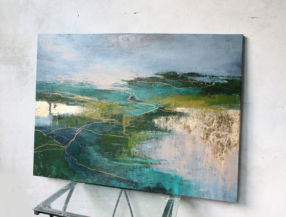 "North 2" Abstract nature green gold acrylic