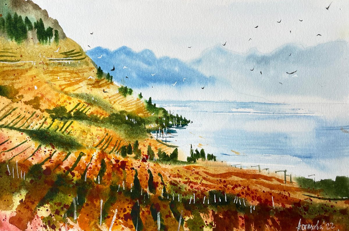 Impressionistic Landscape Watercolour By Ksenia Astakhova, 10 X 7", Autumn Sketch In Lavaux Ii, Original Artwork
