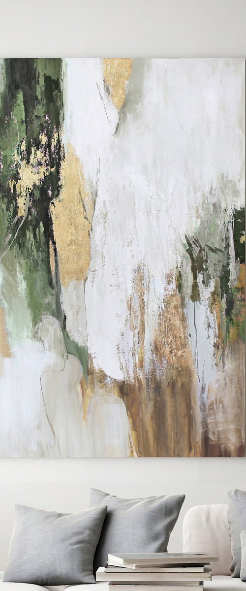 "Olive Flow" Sage green gold abstract art by Yana Sagan