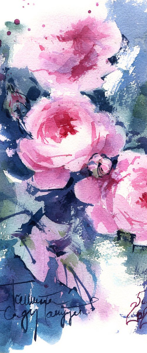 "Silence dances in the garden" - Romantic watercolor sketch of a roses at dusk. by Ksenia Selianko