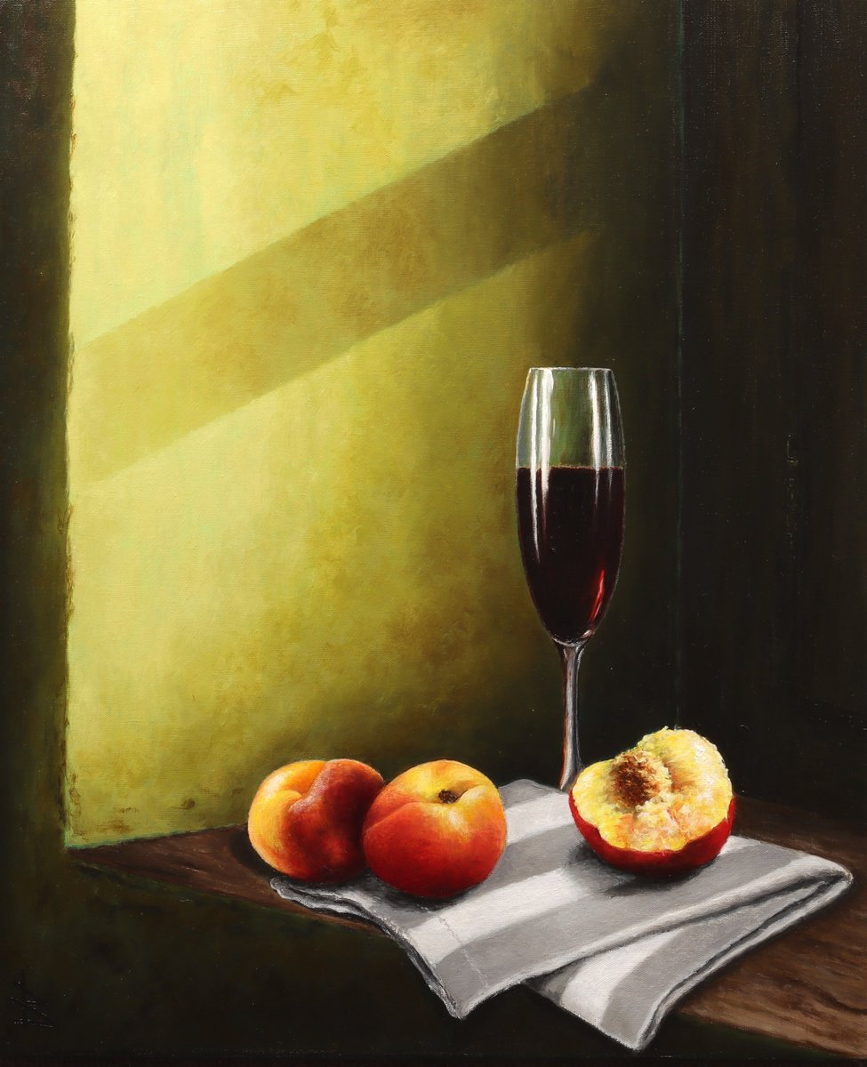 Impressionistic Still Life Oil Painting By Oleg Baulin, 20 X 24", Peaches And Wine, Original Artwork