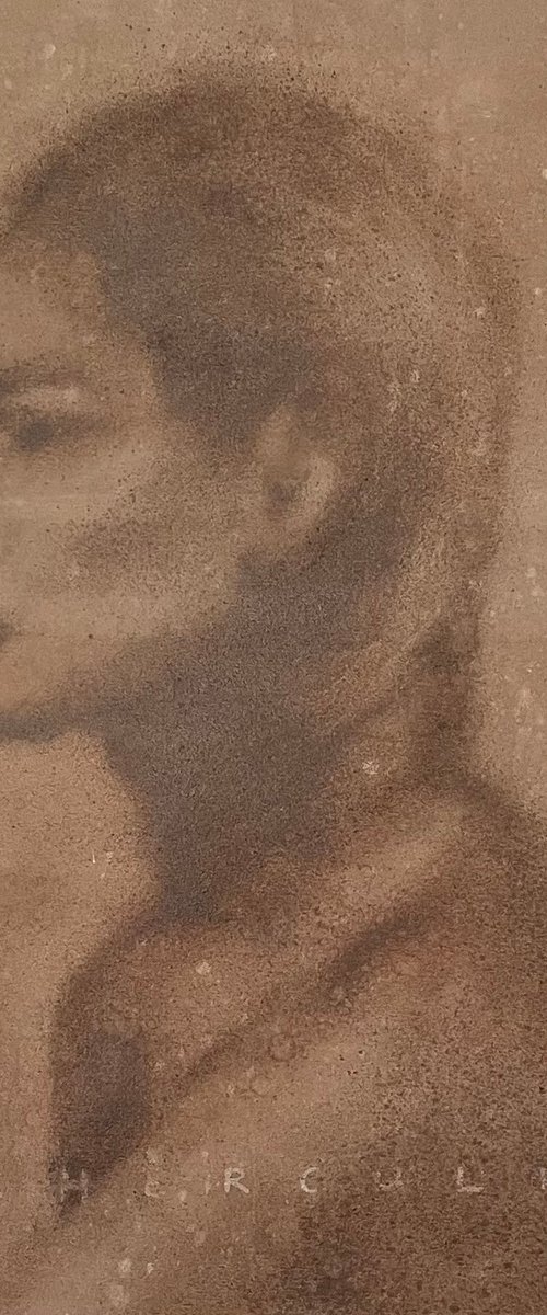 Serene painting of side profile of a beautiful women in beige nude and brown colors. Oil painted in splatters on canvas by Renske Karlien Hercules
