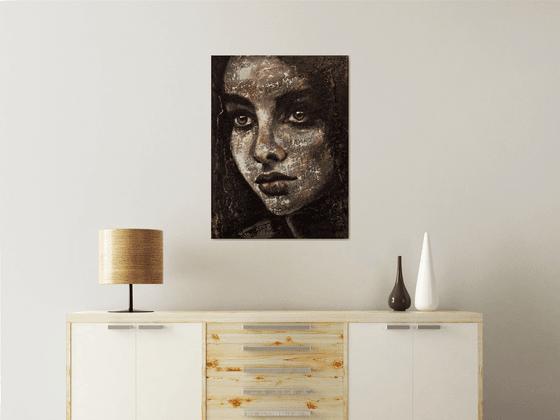 "Petite girl"Original acrylic painting on canvas and sack 60x80x2cm.