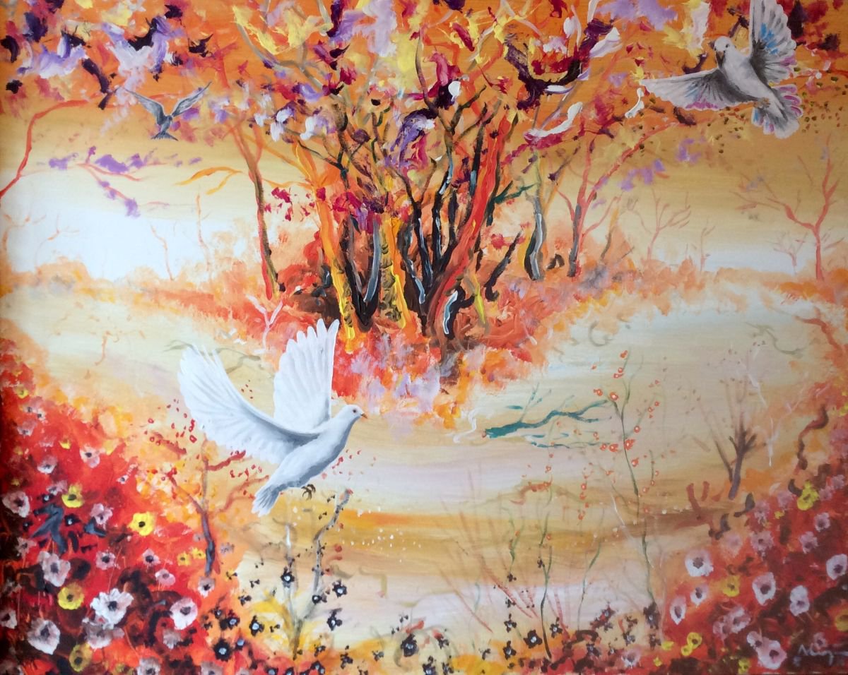  Two Doves And A Seagull Ii By Alejos, 39 X 32, Artwork For Sale On Artfinder