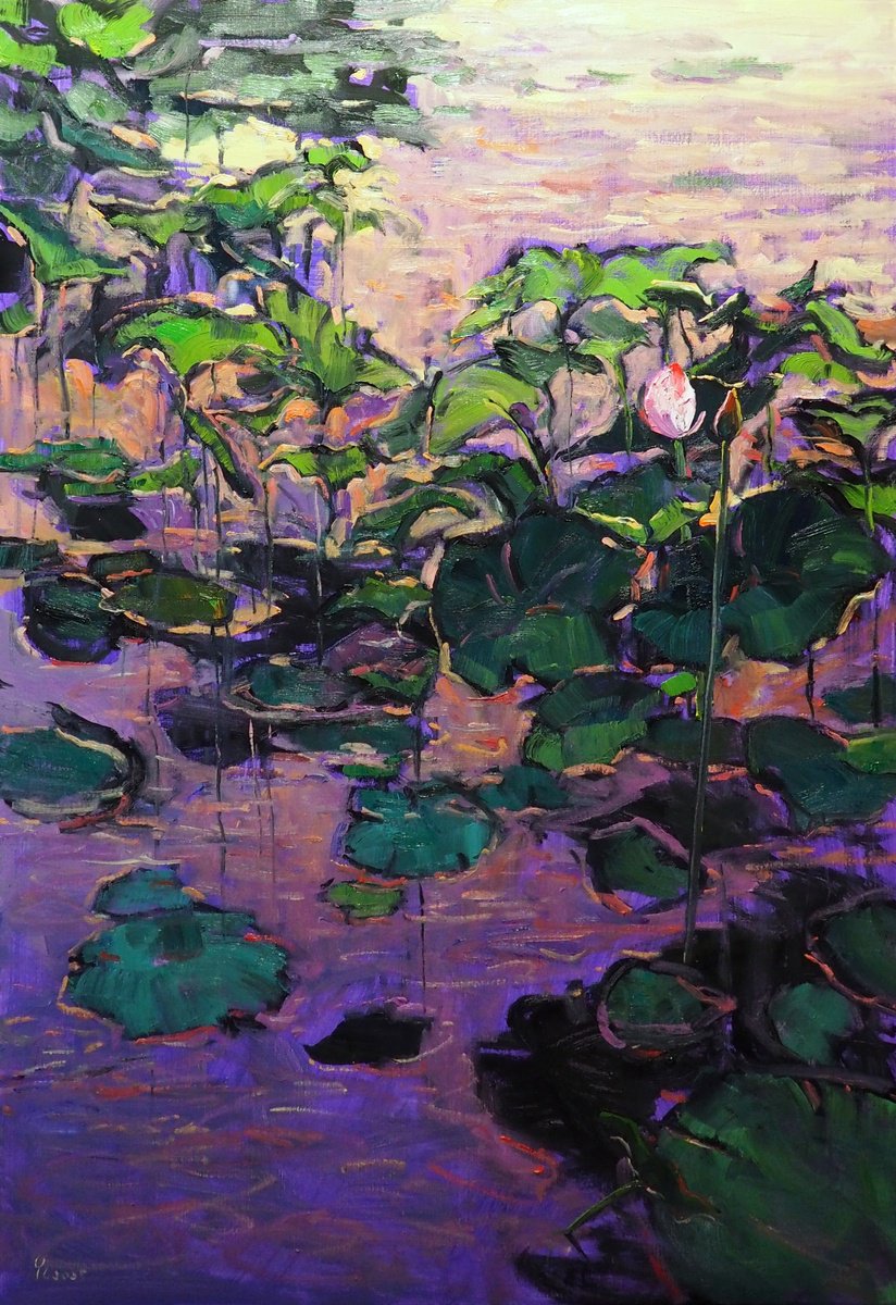 Impressionistic Landscape Oil Painting By Yuanyuan Liu, 28 X 39", Lotus Leaves, Original Artwork