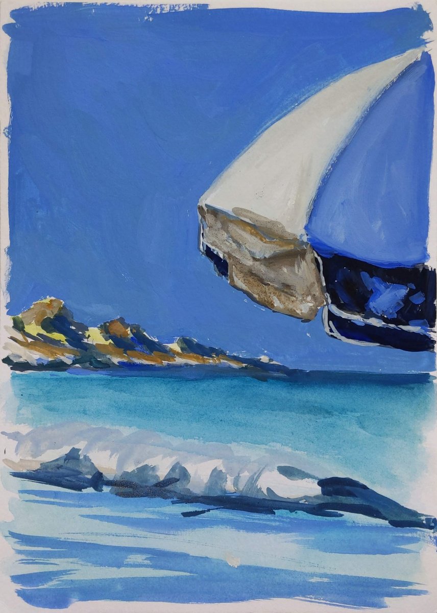 Umbrella on the beach of Corfu island - Corfu island - original watercolor painting - seas... by Anna Brazhnikova