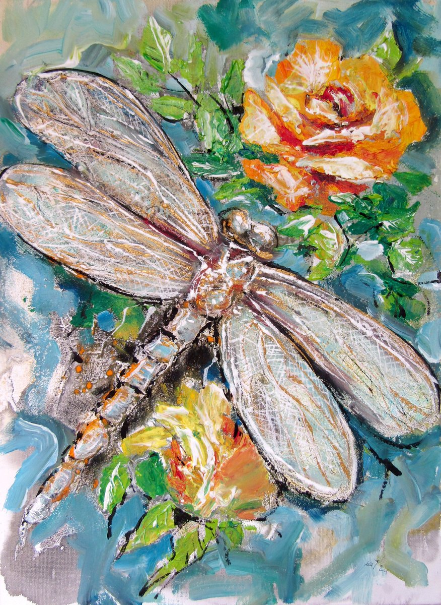 Impressionistic Animal Acrylic Painting By Kovacs Anna Brigitta, 12 X 16", Dragonfly With Rose, Original Artwork