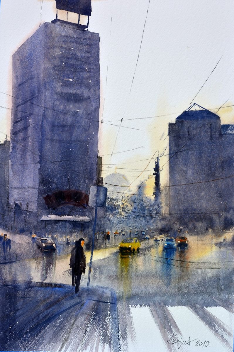 Impressionistic Cityscapes Watercolour By Nenad Kojic, 15 X 22", Trg Slavija U Predvecerje, Original Artwork