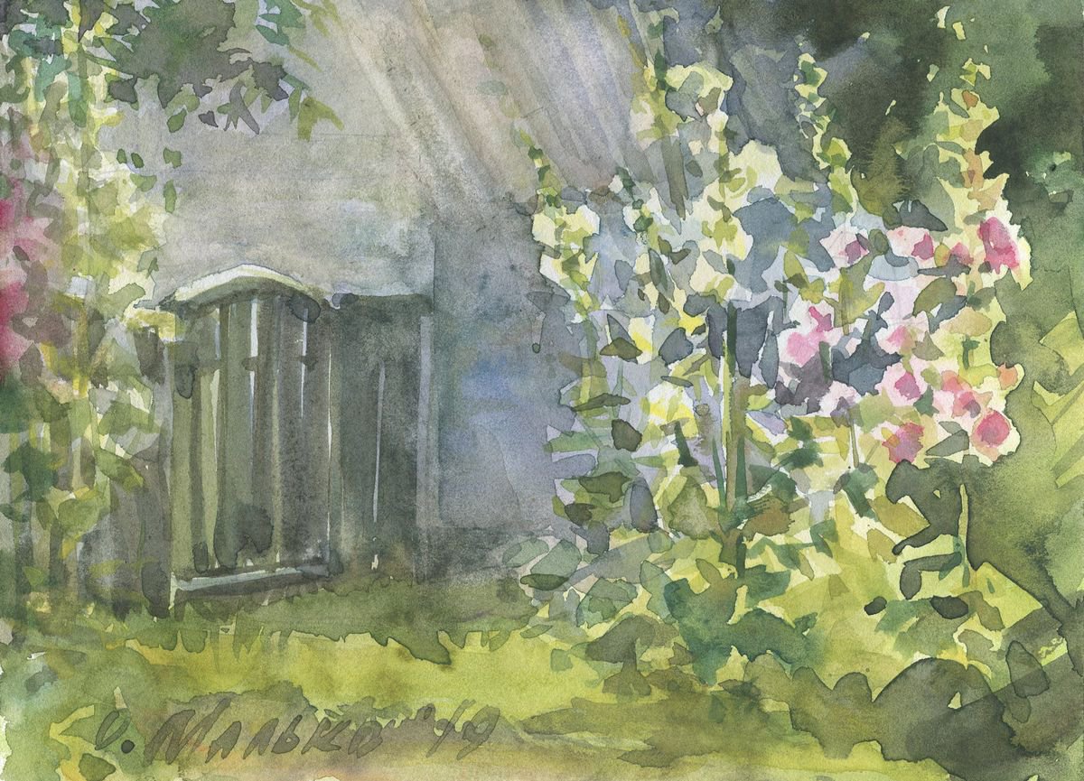 Summer midday. Hollyhocks / Scenery sketch Watercolor landscape by Olha Malko