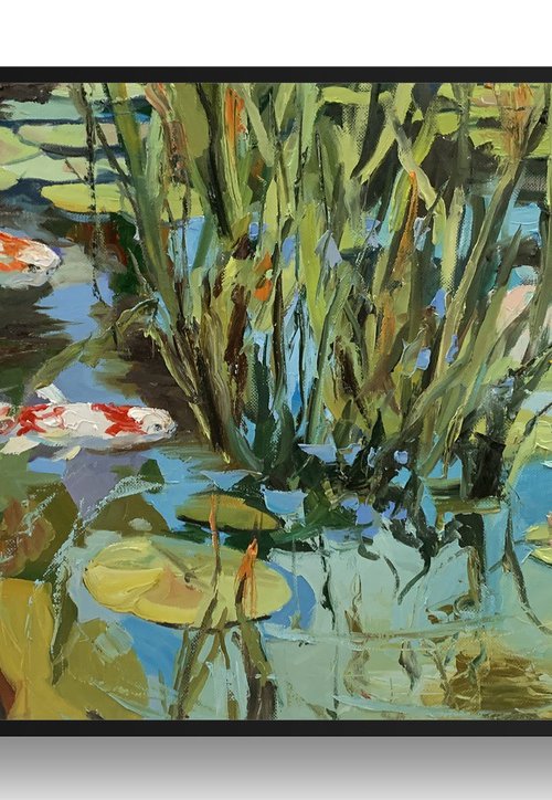 Sunlight Sonata. Water lilies pond with koi fish. by Vita Schagen