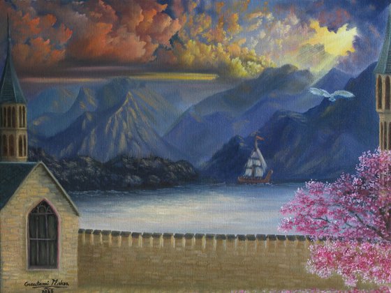 Mountain clouds castle - Harry Potter Landscape Painting