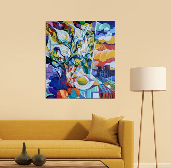 Still life with callas (80x90cm, cubism, oil painting, ready to hang)