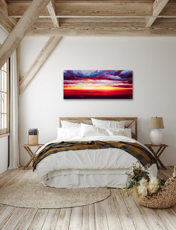 Red Sunset at the sea. Colorful Sky Oil Painting