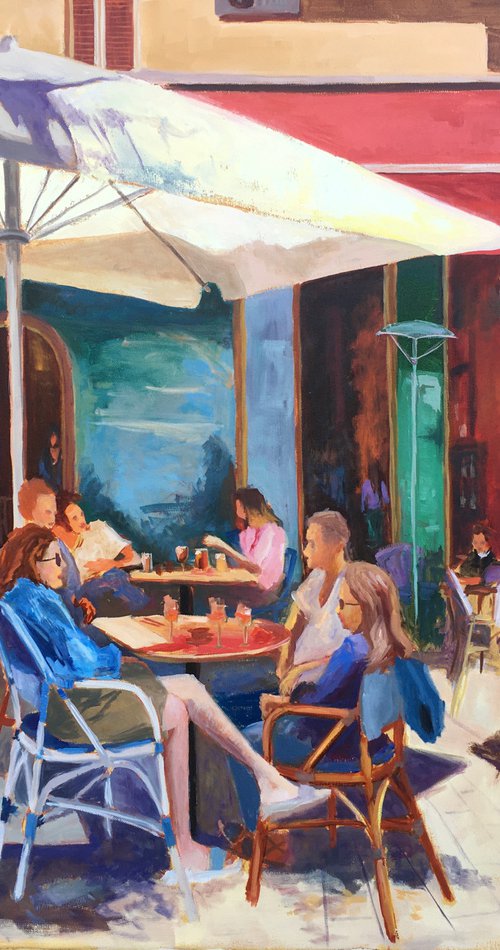 South Tel Aviv restaurant, people eating, figurative artwork by Leo Khomich