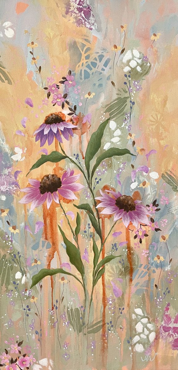 Organic Botanical Acrylic Painting By Nicole Esposito Woodall, 10 X 20", Joyful Morning Ii, Original Artwork