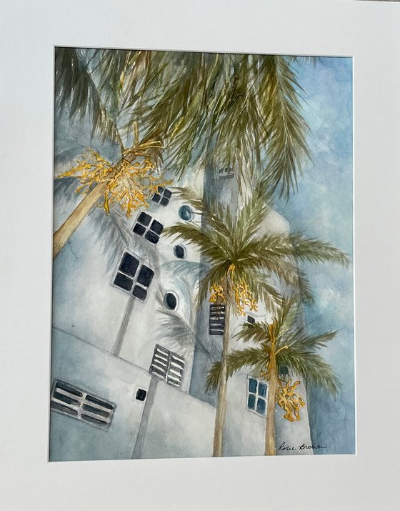 Original Watercolor Deco Drive I Miami Beach Art Deco Architecture Palms 16 X 12 Matted 20 X 16