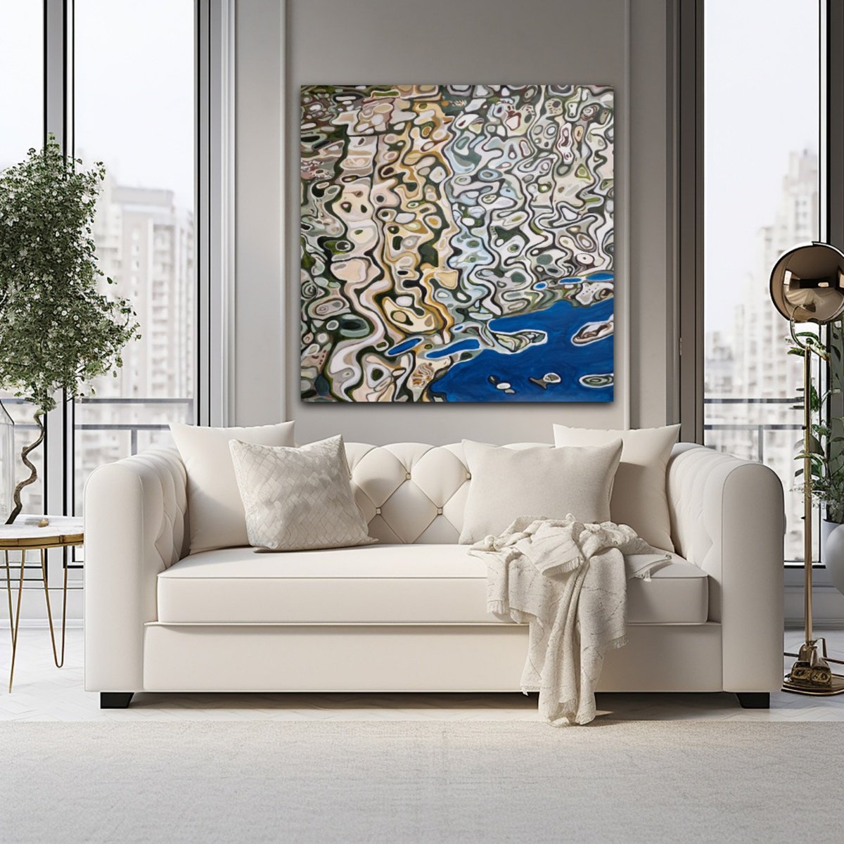 Expressive Landscape Acrylic Painting By Alexandra Djokic, 40 X 40, Water Reflection, Original Artwork