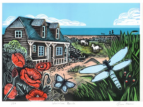 Winchelsea Beach, East Sussex. Limited Edition large colour linocut by Fiona Horan