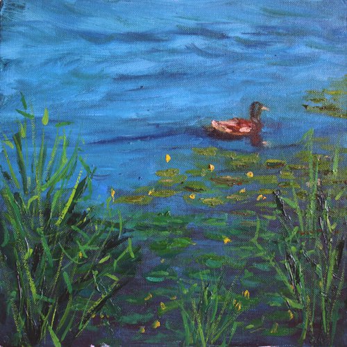 Pond ... Water Lilies ... Duck ... /  ORIGINAL PAINTING by Salana Art Gallery