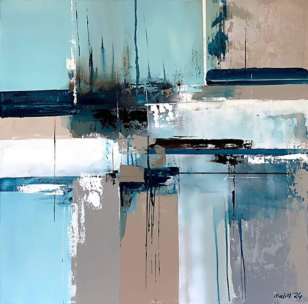 Geometric Landscape Acrylic Painting By Tatiana Malinovscaia, 31 X 31", Lines Of Time, Original Artwork