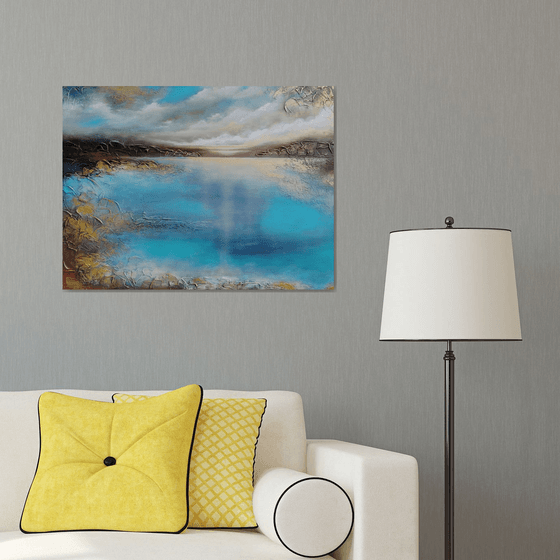 A large semi-abstract beautiful structured mixed media painting of a seascape with the sunrise "A new day" from "Silence" series