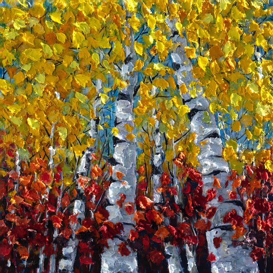 Enchanting Forest: Fall Aspen Birch  Palette Knife Trees