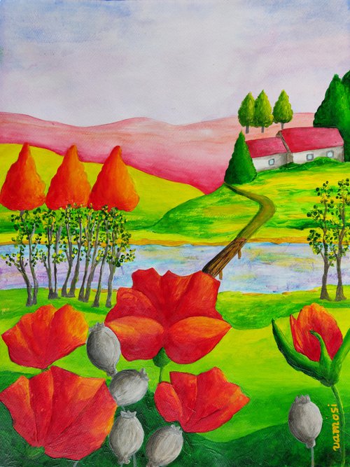 Spring country landscape with poppies 2. by Vamosi Peter