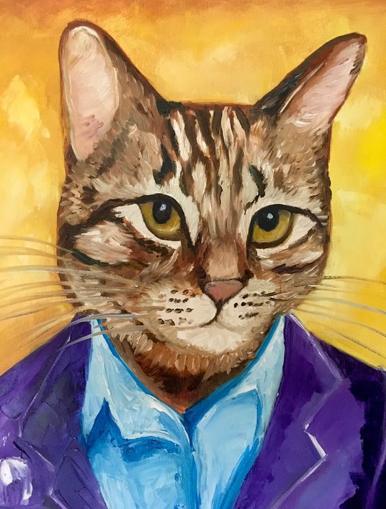 Troy The  Cat, dressed smart,   oil painting for cat lovers