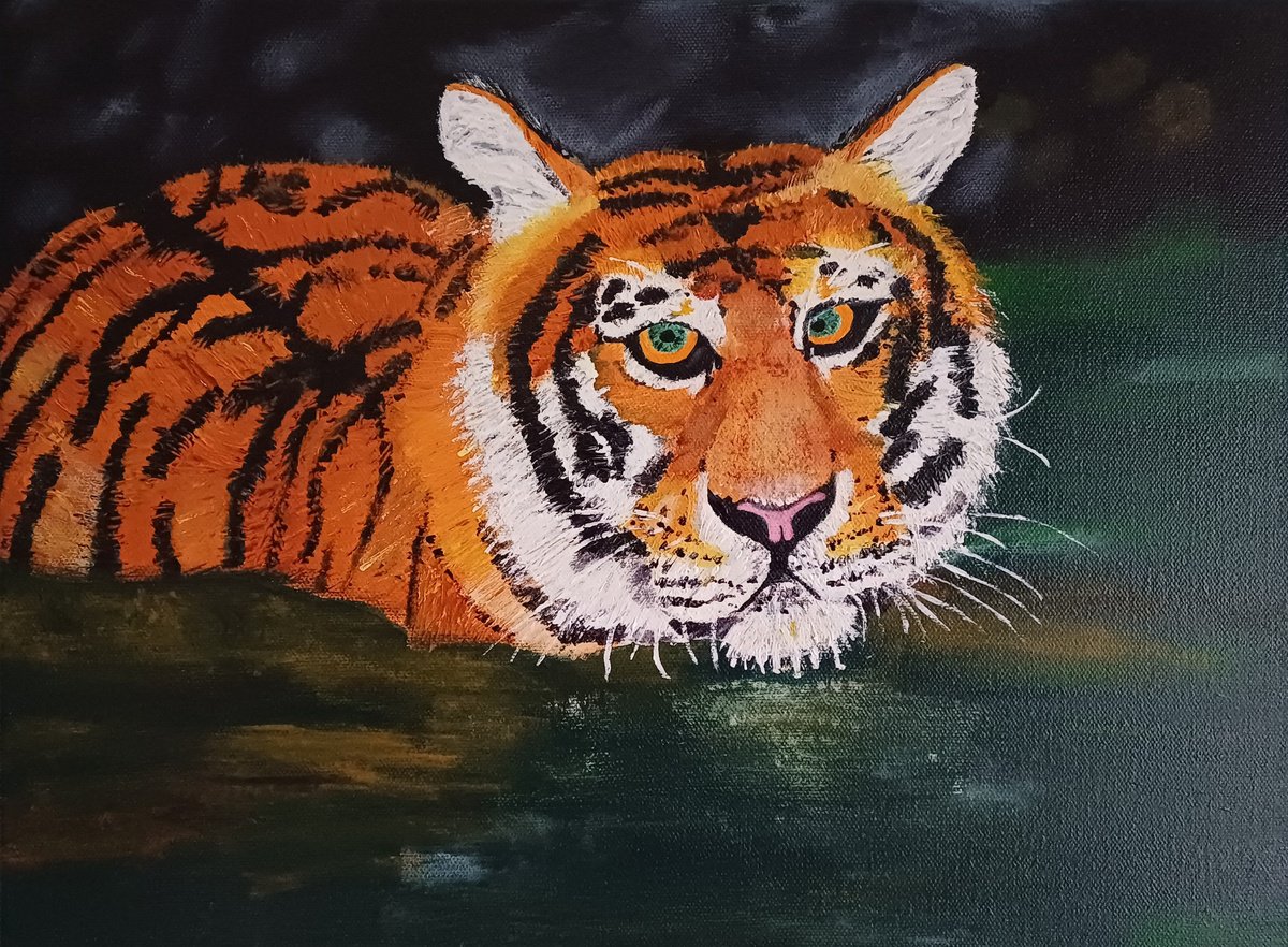 Photorealistic Animal Acrylic Painting By Corinne Hamer, 16 X 12, Amur Tiger, Original Artwork