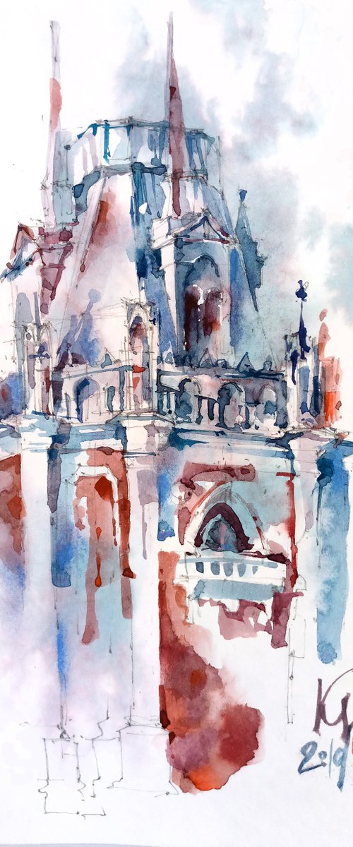 Architectural landscape "Tsaritsyno Park" original watercolor painting by Ksenia Selianko