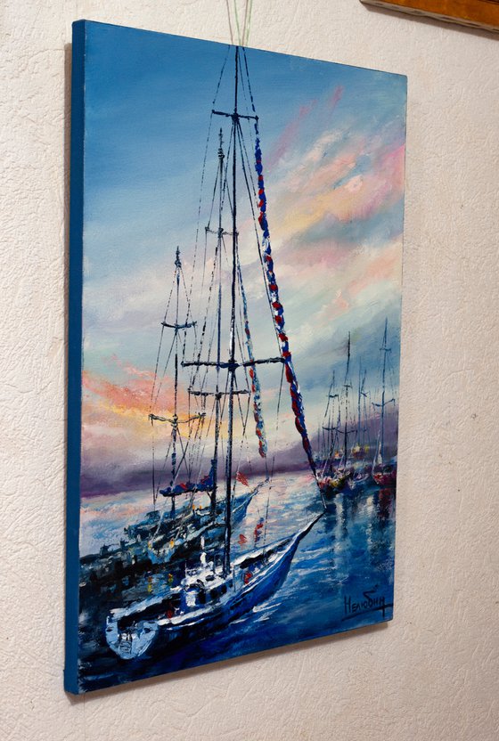 "Sailboats in the harbor" ,  ships , sky