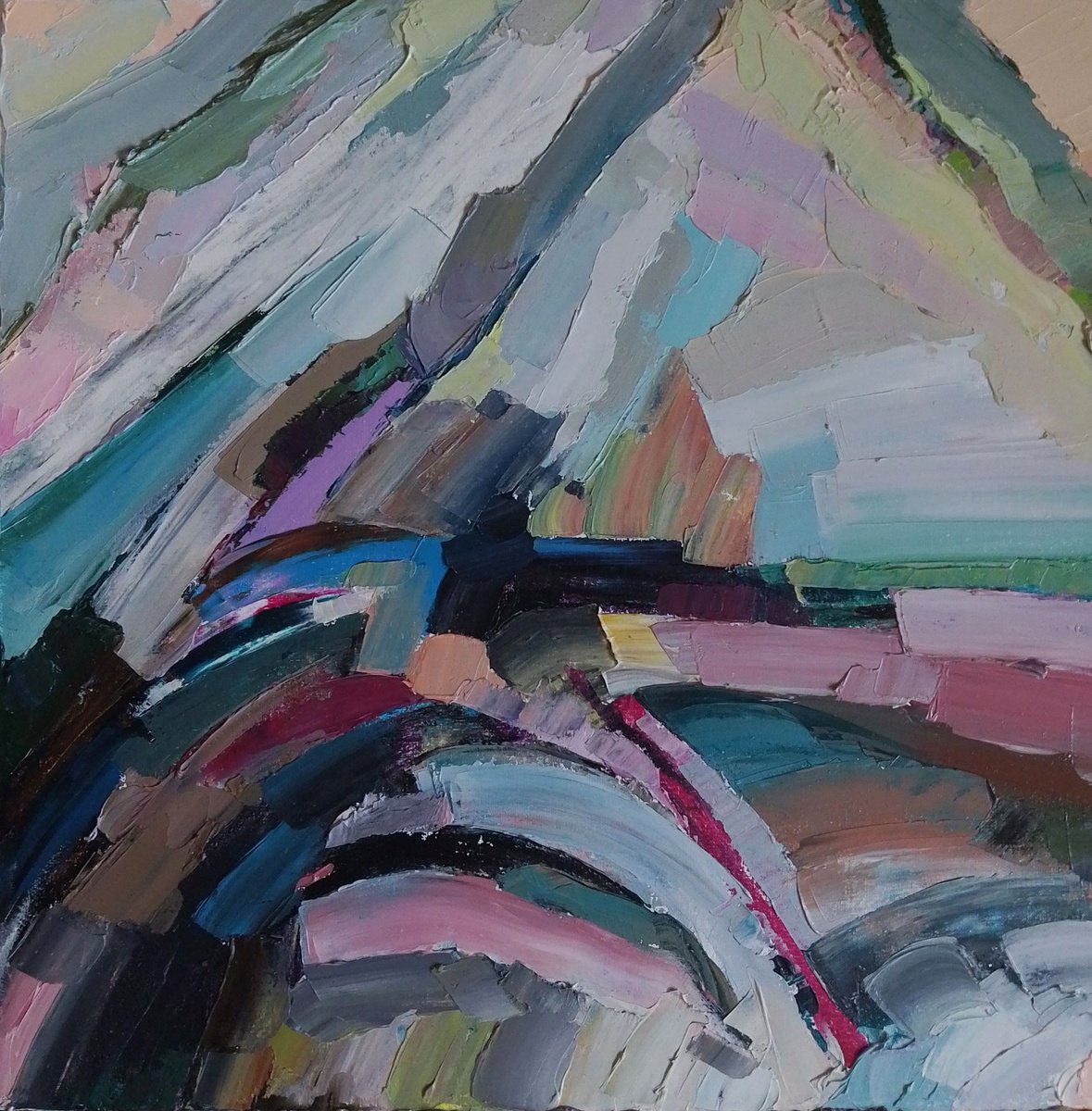 Abstract Landscape Oil Painting By Valentyna Sokolovska, 16 X 16", Abstract Winter Landscape, Original Artwork