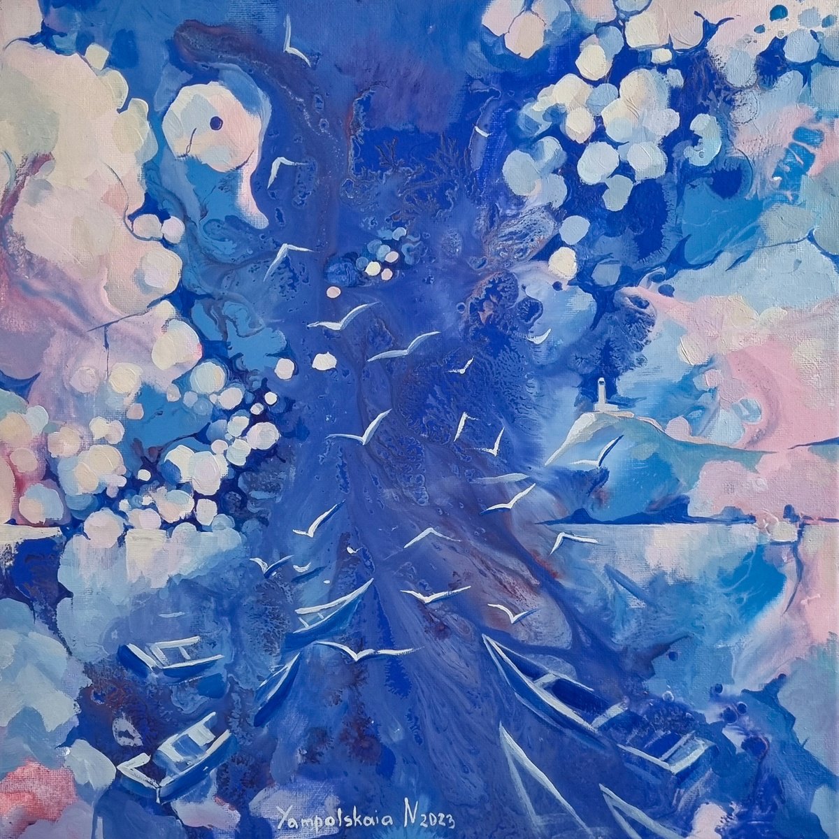 Abstract Landscape Acrylic Painting By Natalia Yampolskaia, 16 X 16", Energy Of The Sea, Original Artwork