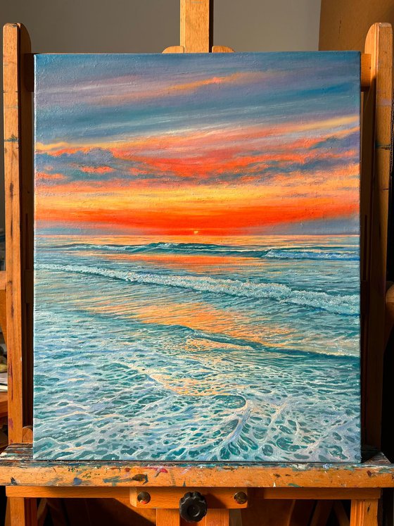 "Let The Sunshine In"- Original Oil painting of Sunset; Seascape; Ocean wall art; Coastal wall art; Wave canvas; Marine; Oil painting; Waves; Sea; Ocean.