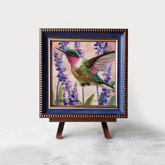 Hummingbird painting original oil art framed 4x4, Ruby throated hummingbird blueish painting, Sympathy gift best friend